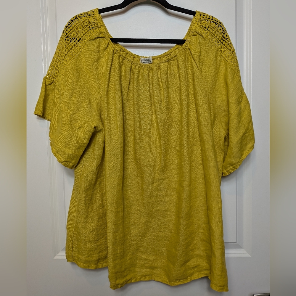 Terzo Millennio Linen Top Blouse Crochet Made In Italy Chartreuse, Size 1X